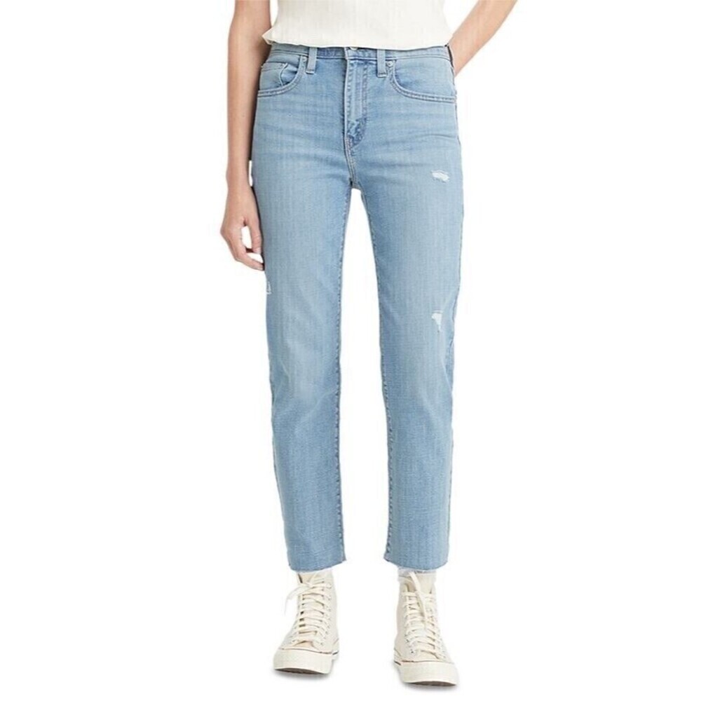 Levi’s High Rise Straight Crop Jeans Women 26 Raw Hem Light Blue Waterless